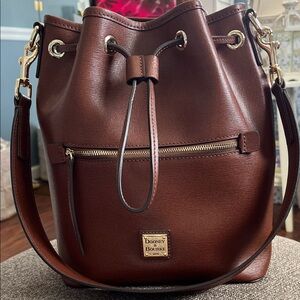 Dooney & Bourke Chocolate Brown Saffiano Leather Drawstring Bucket Shoulder Bag